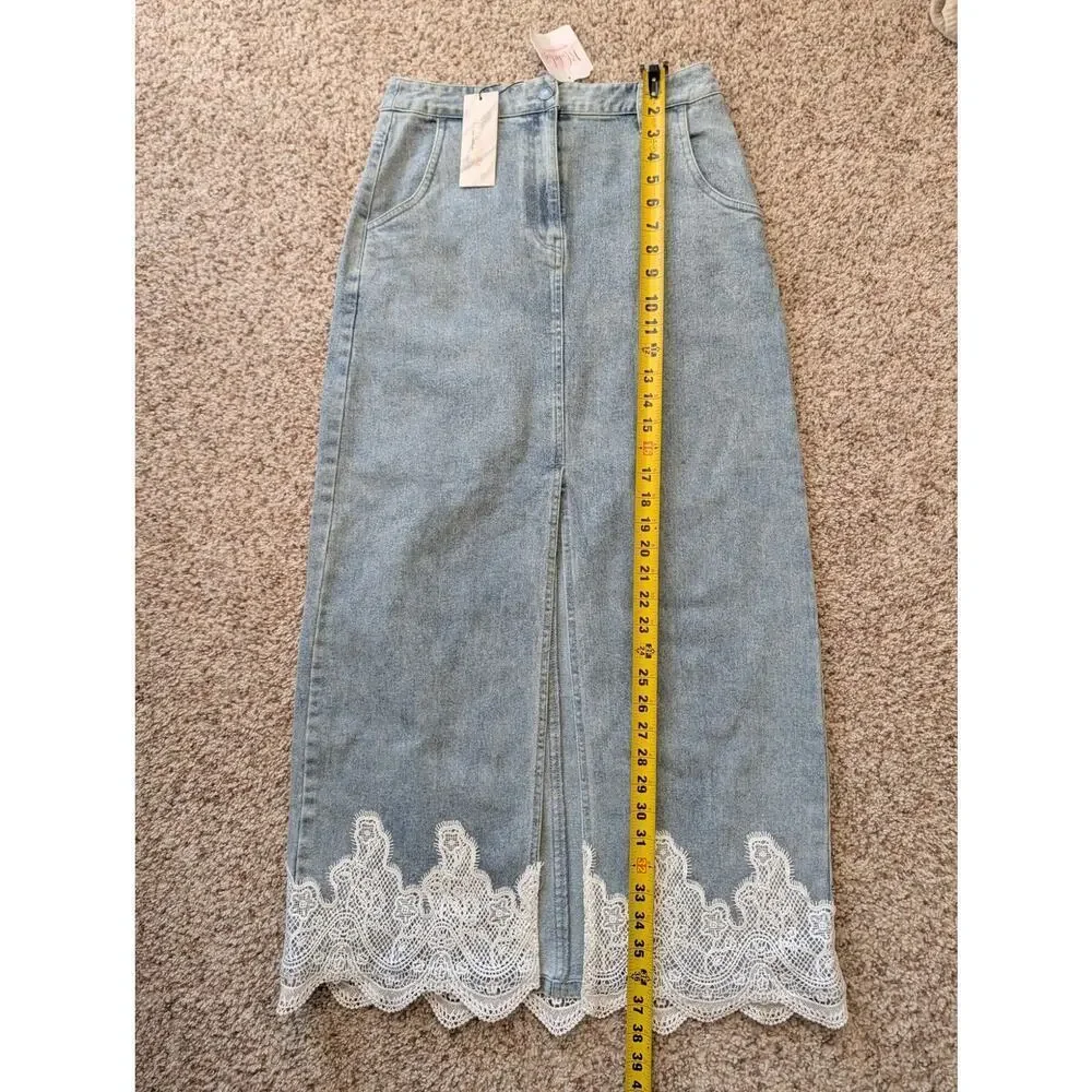 Strut & Bolt Lace Light Wash Denim Long skirt w/Lace Accents;  NWT